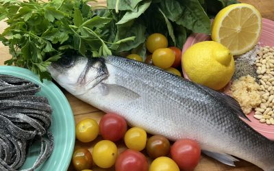 In Search of the Perfect Bite – Crispy Skin Branzino with Watercress Pesto and Squid Ink Pasta